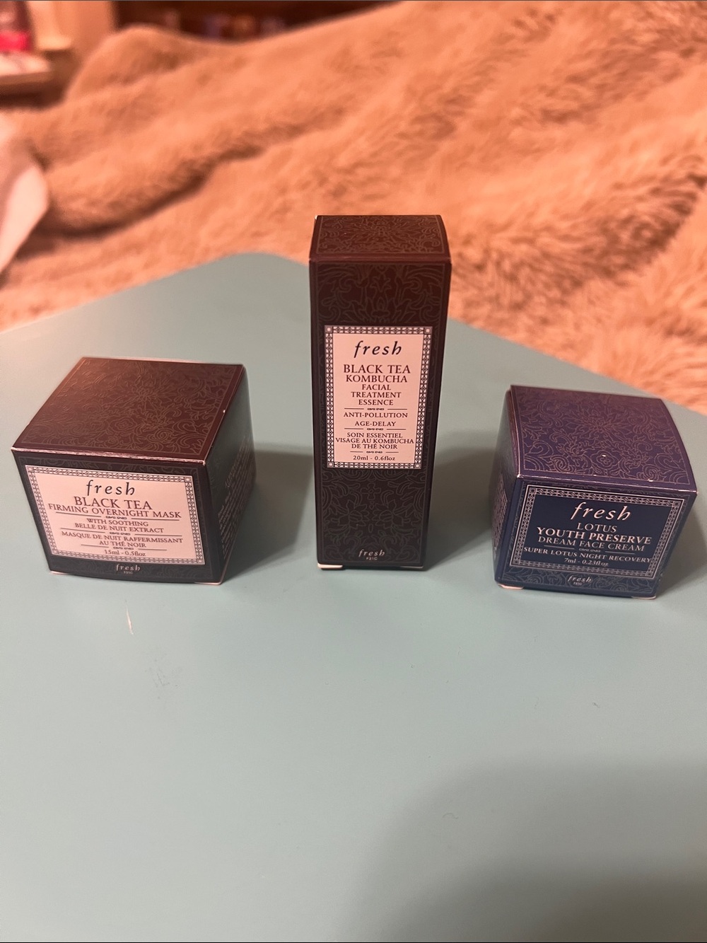 Fresh Black Tea & Lotus mini travel skincare set: essence, cream, and mask